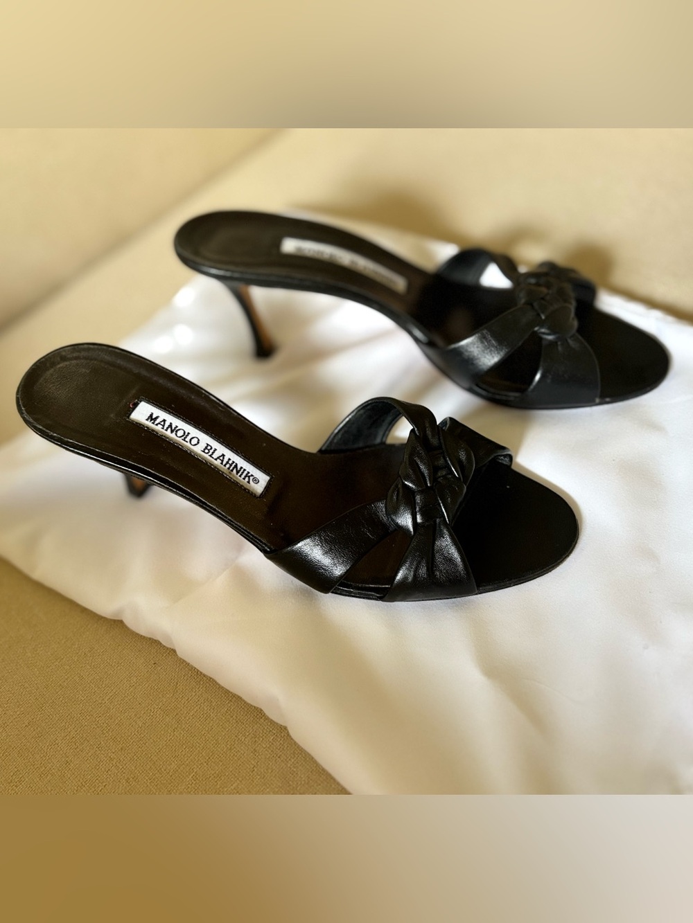 Manolo Blahnik Black Leather Knotted Slide Mules